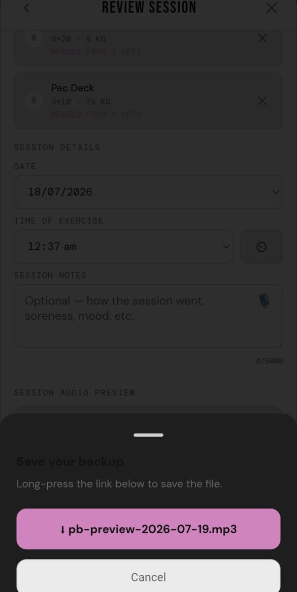 BeStreak screenshot: audio save popup