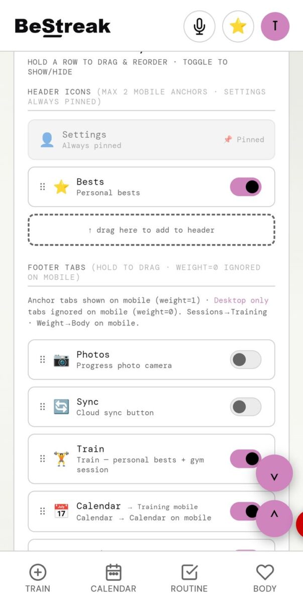 BeStreak screenshot: tab reorder settings