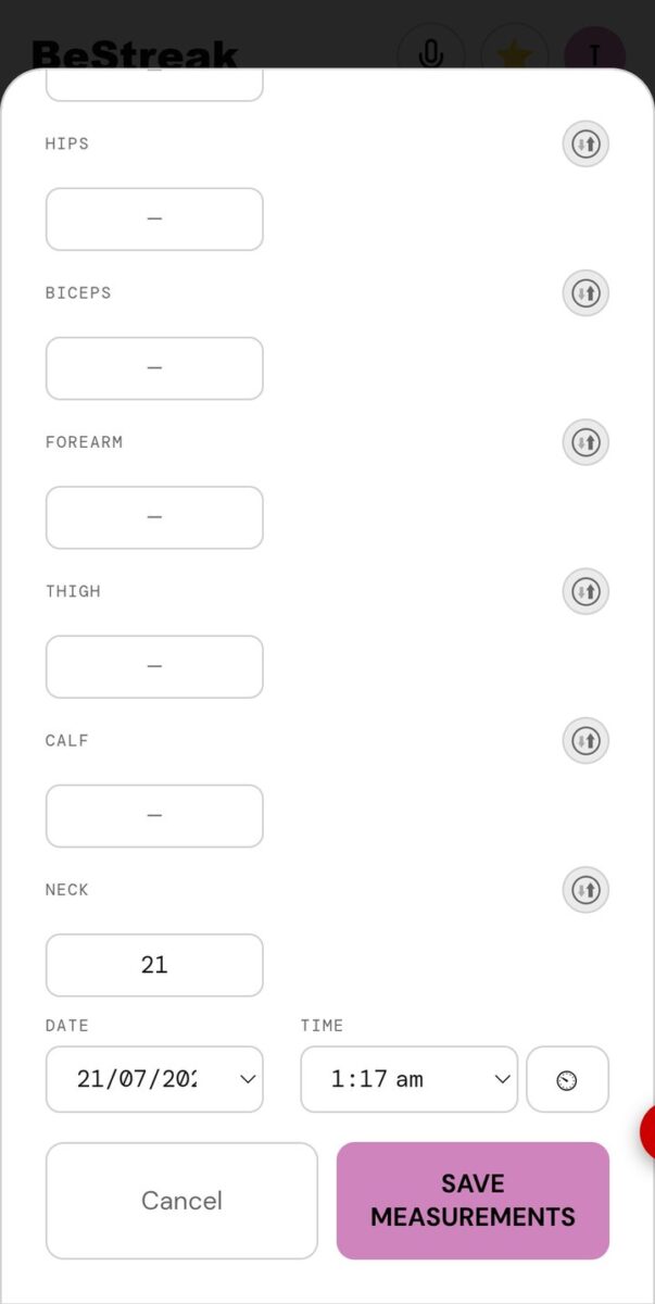 BeStreak screenshot: measurement dials