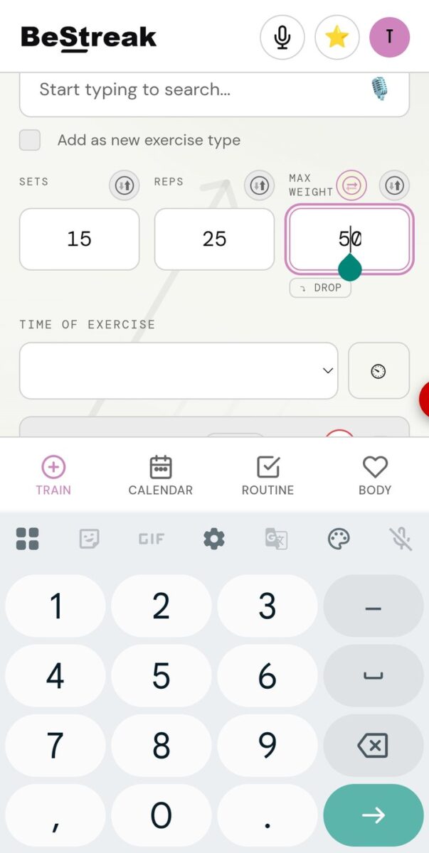 BeStreak screenshot: dial on weight input