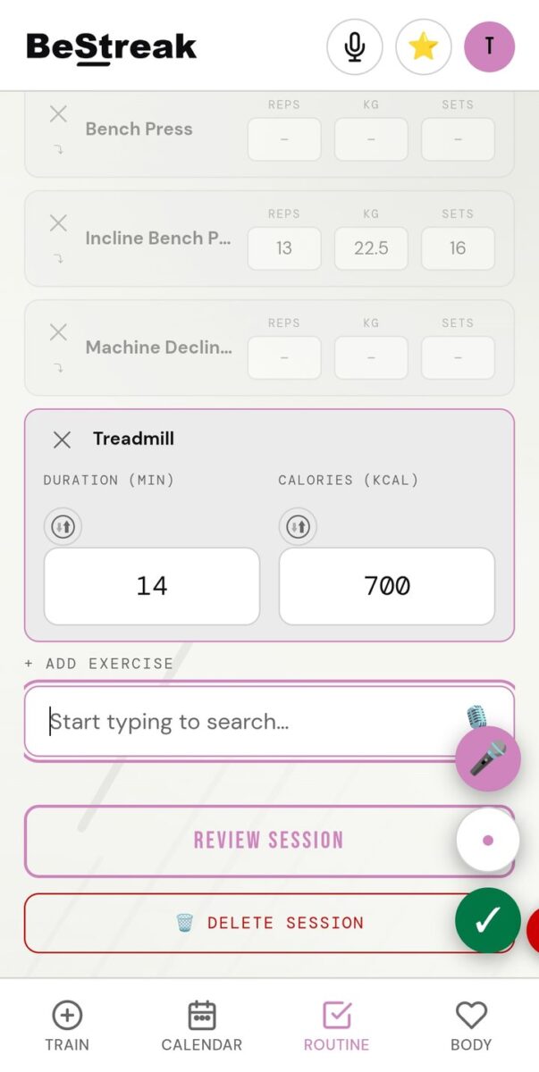 BeStreak screenshot: template active set with dials