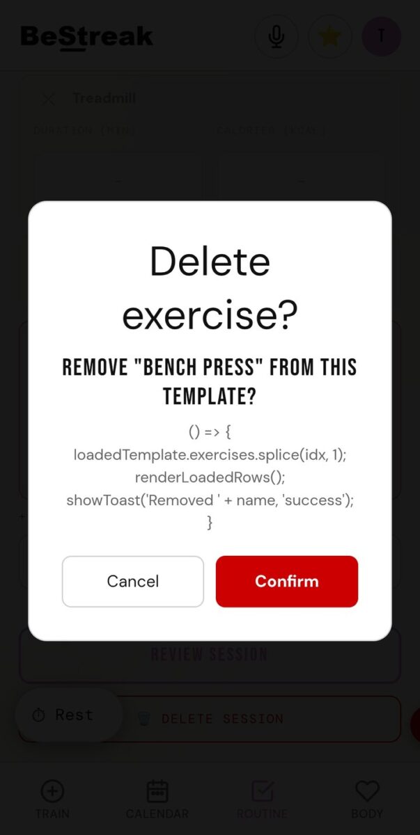 BeStreak screenshot: delete exercise popup bug