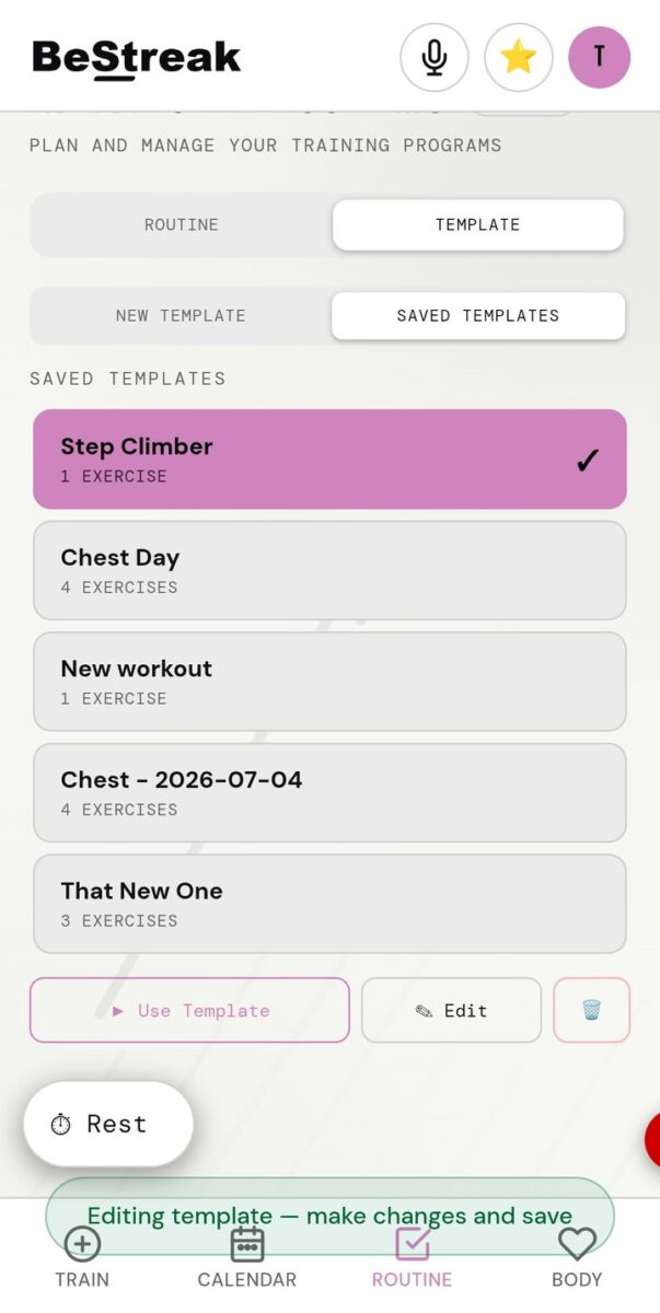 BeStreak screenshot: saved templates list