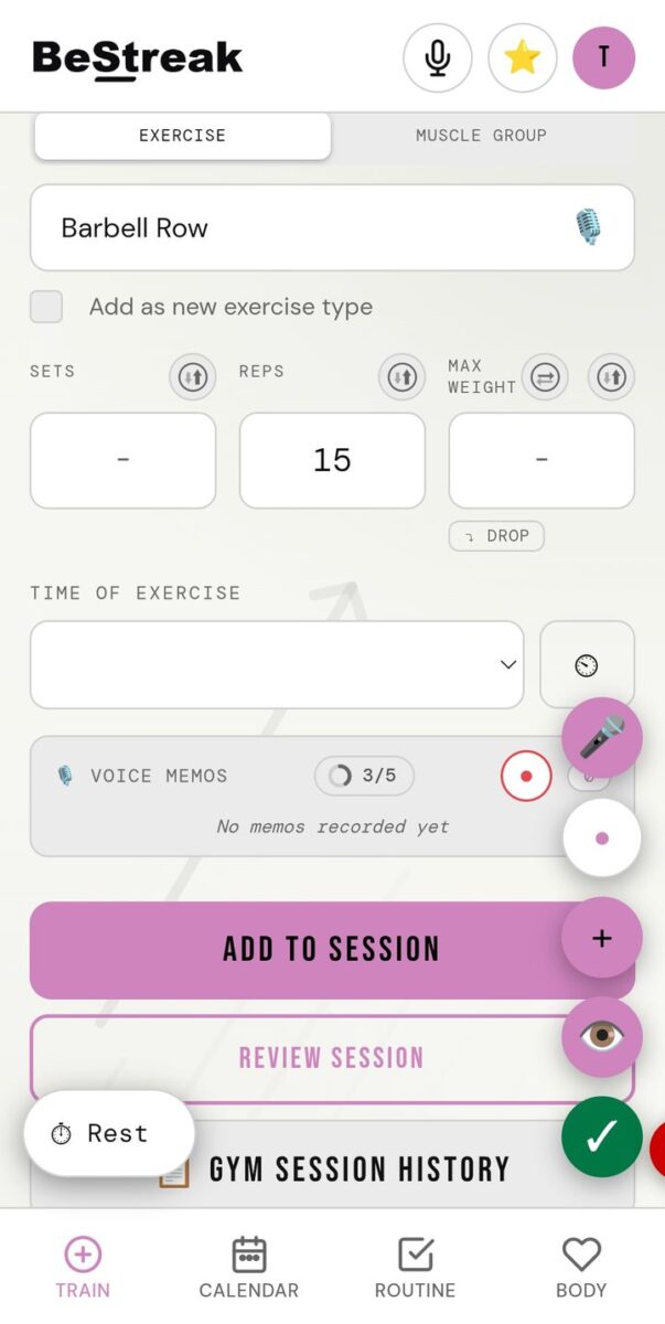 BeStreak screenshot: train tab with dials