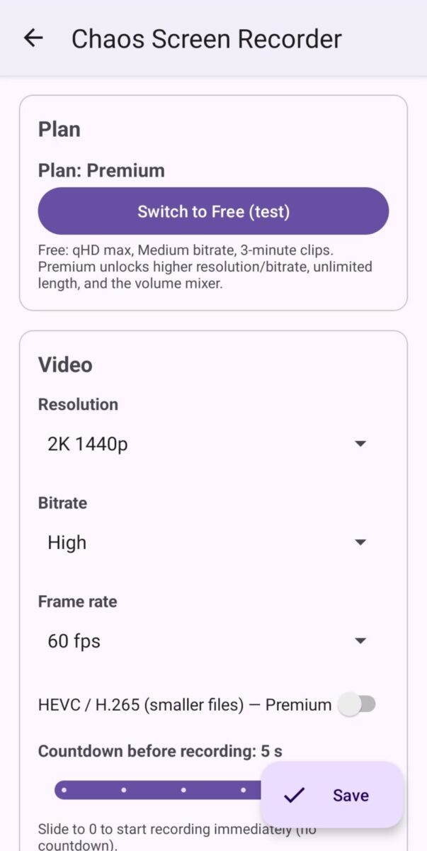 Chaos Screen Recorder screenshot: settings plan and video options