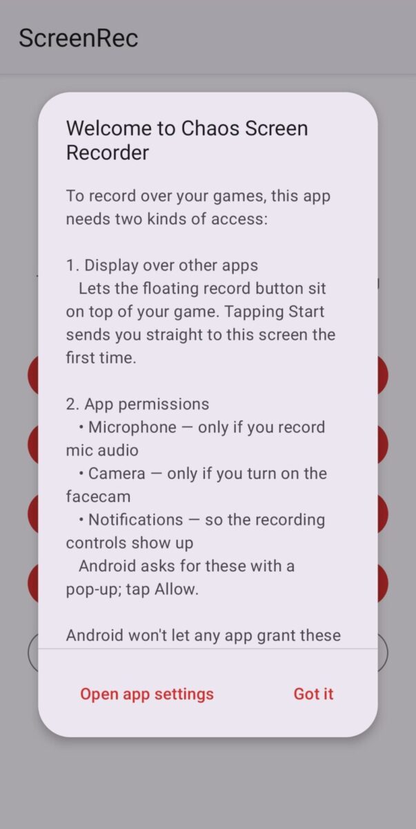 Chaos Screen Recorder screenshot: welcome and permissions note