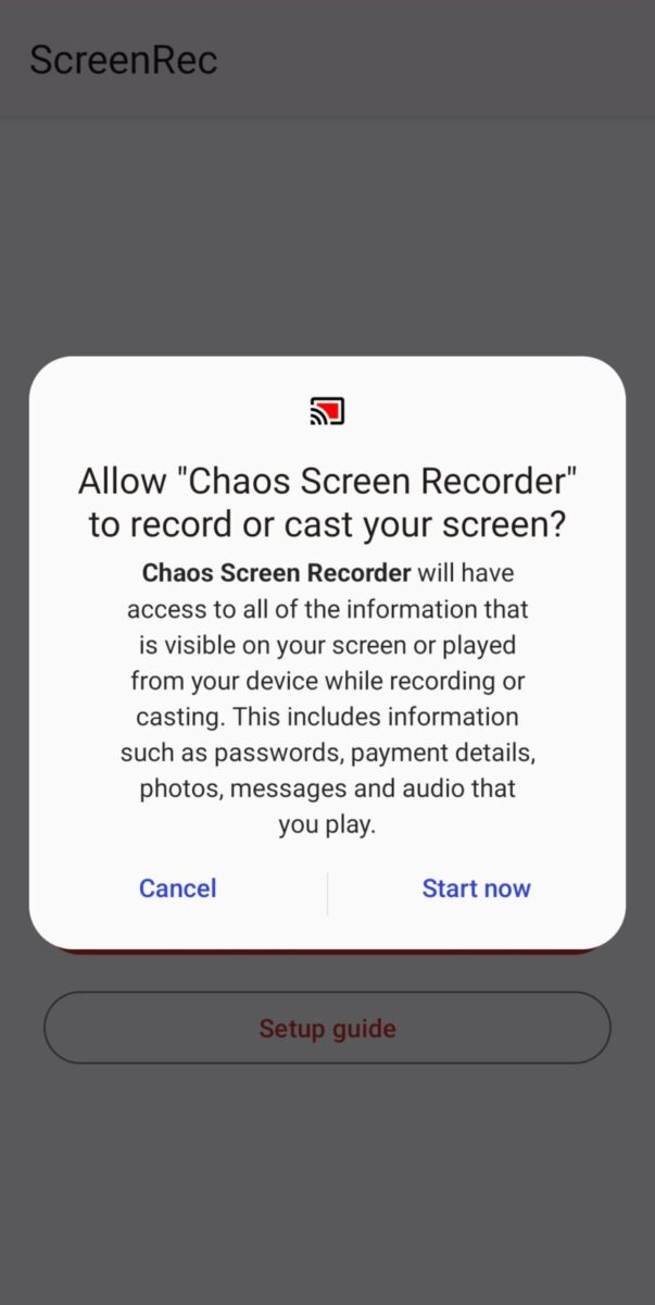 Chaos Screen Recorder screenshot: screen capture prompt