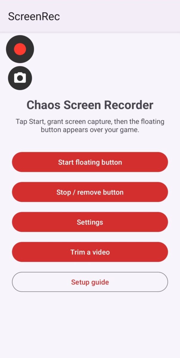 Chaos Screen Recorder screenshot: floating buttons on screen