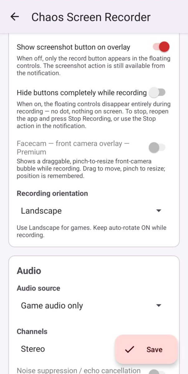 Chaos Screen Recorder screenshot: settings overlay orientation audio