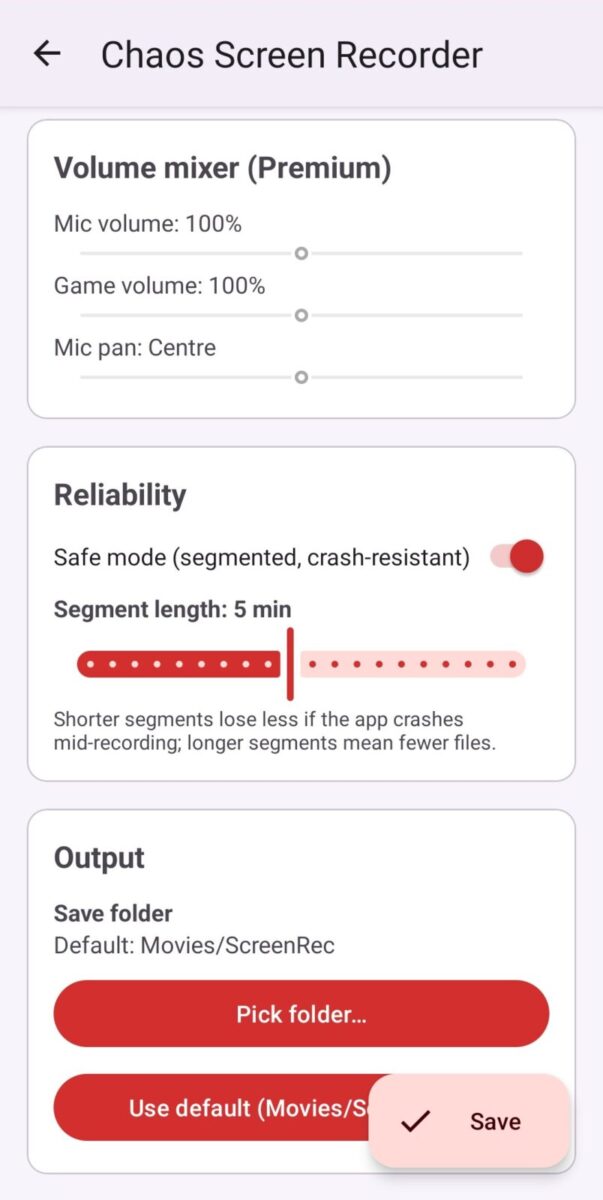 Chaos Screen Recorder screenshot: volume mixer and safe mode