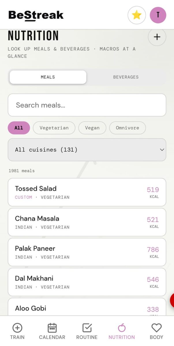 BeStreak screenshot: nutrition meals list