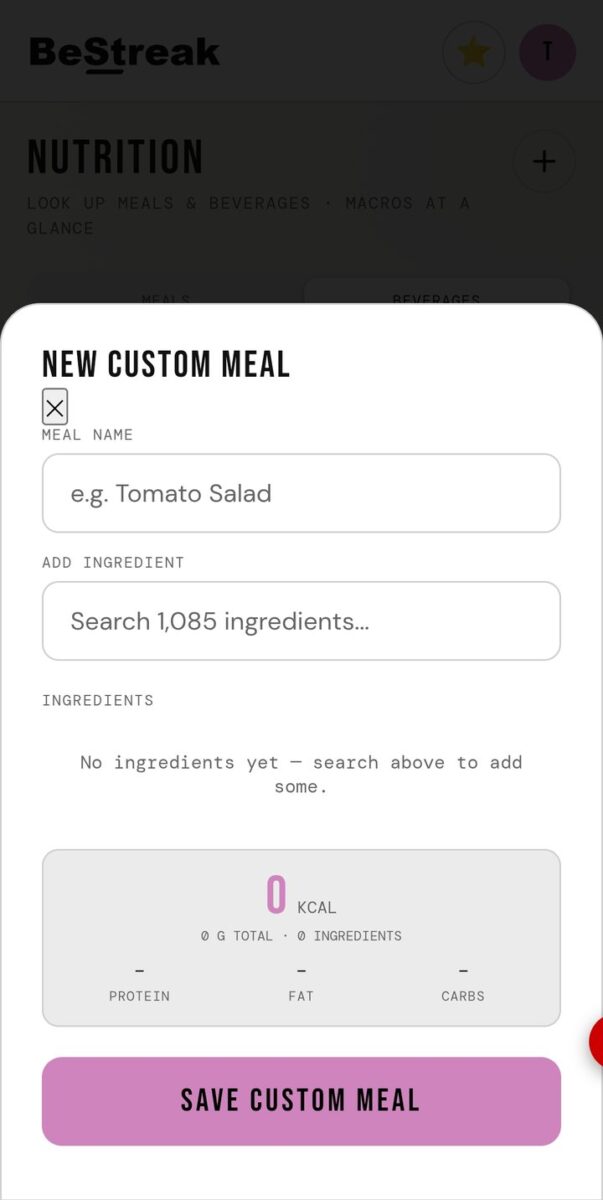 BeStreak screenshot: new custom meal builder