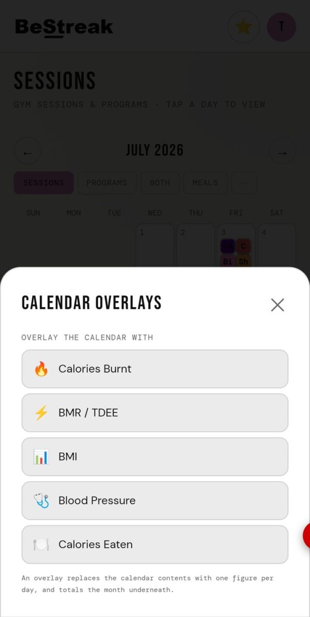 BeStreak screenshot: calendar overlays menu