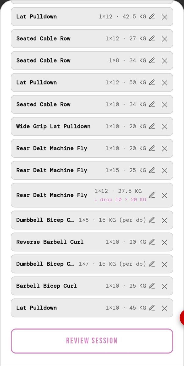 BeStreak screenshot: locked sets lat pulldowns