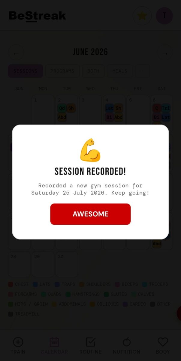 BeStreak screenshot: session recorded