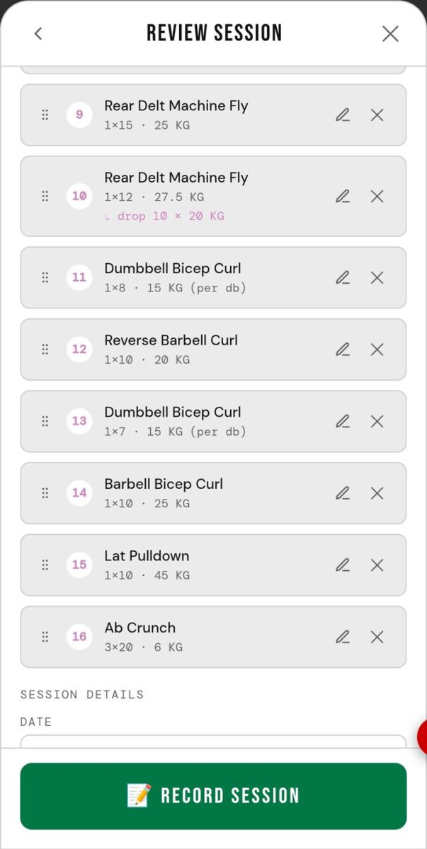 BeStreak screenshot: review session drop sets