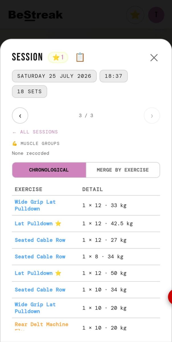 BeStreak screenshot: session detail back day