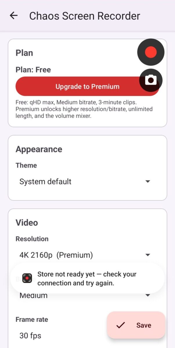 Chaos Screen Recorder screenshot: plan free with upgrade button