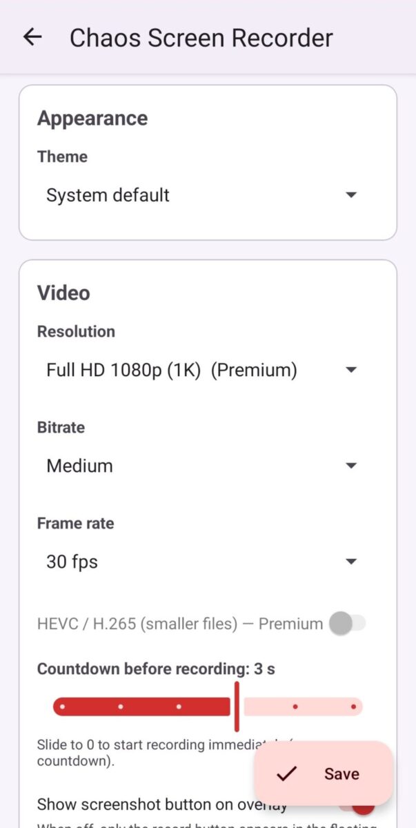 Chaos Screen Recorder screenshot: settings video options
