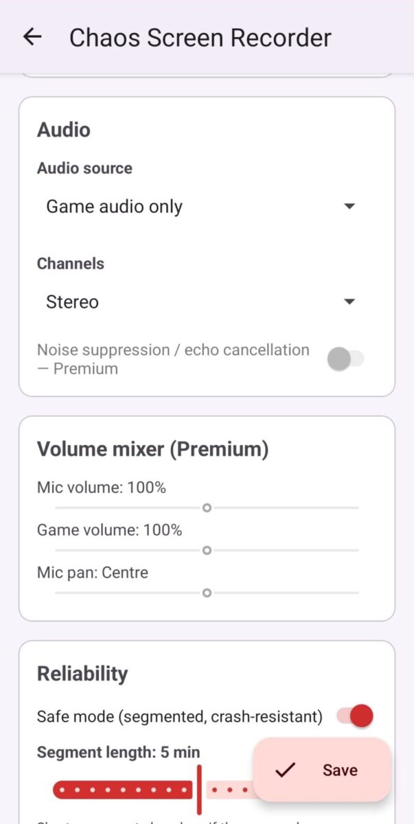 Chaos Screen Recorder screenshot: audio settings