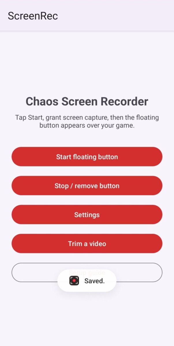 Chaos Screen Recorder screenshot: saved confirmation