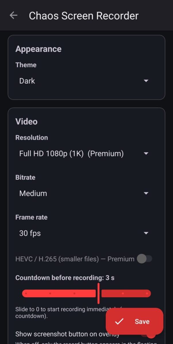 Chaos Screen Recorder screenshot: dark theme settings