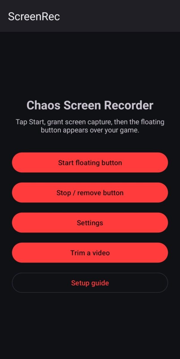 Chaos Screen Recorder screenshot: dark theme main screen