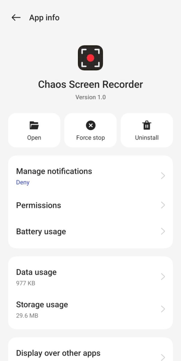 Chaos Screen Recorder screenshot: app info screen