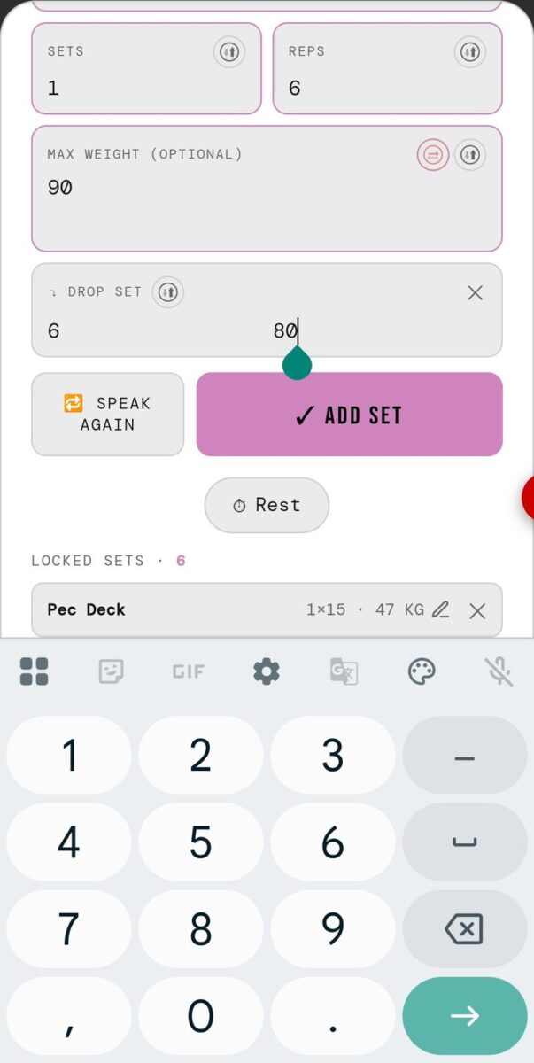 BeStreak screenshot: drop set with dial