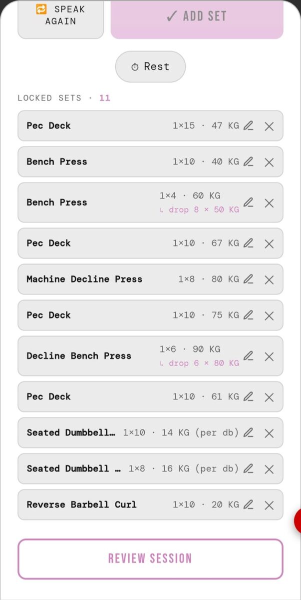 BeStreak screenshot: locked sets with drop sets