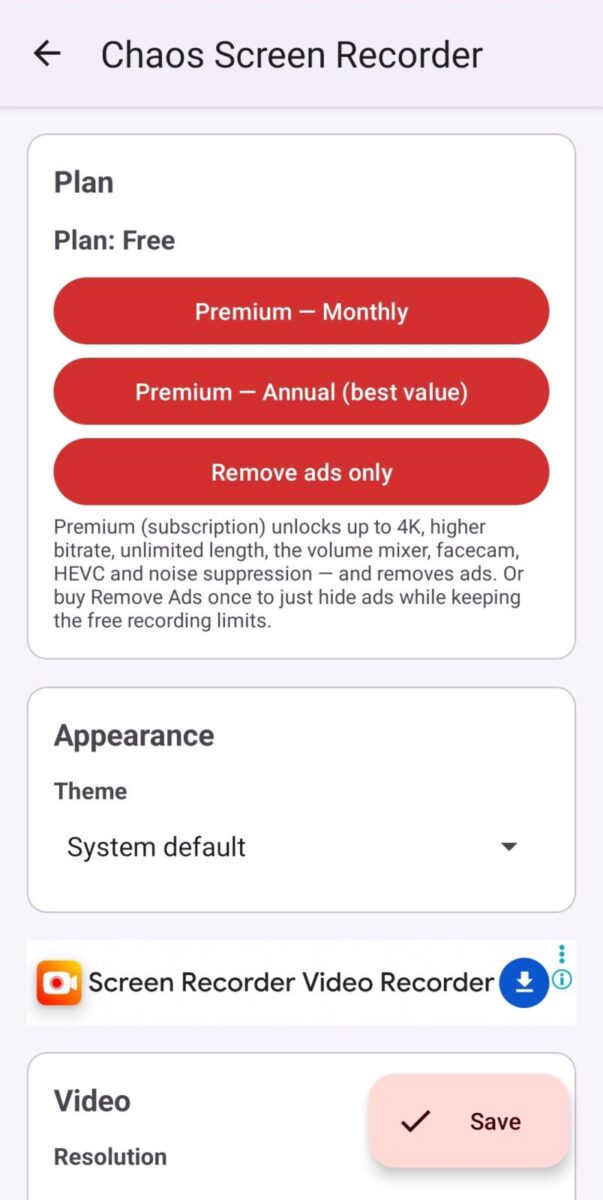 Chaos Screen Recorder screenshot: plan free with subscription options