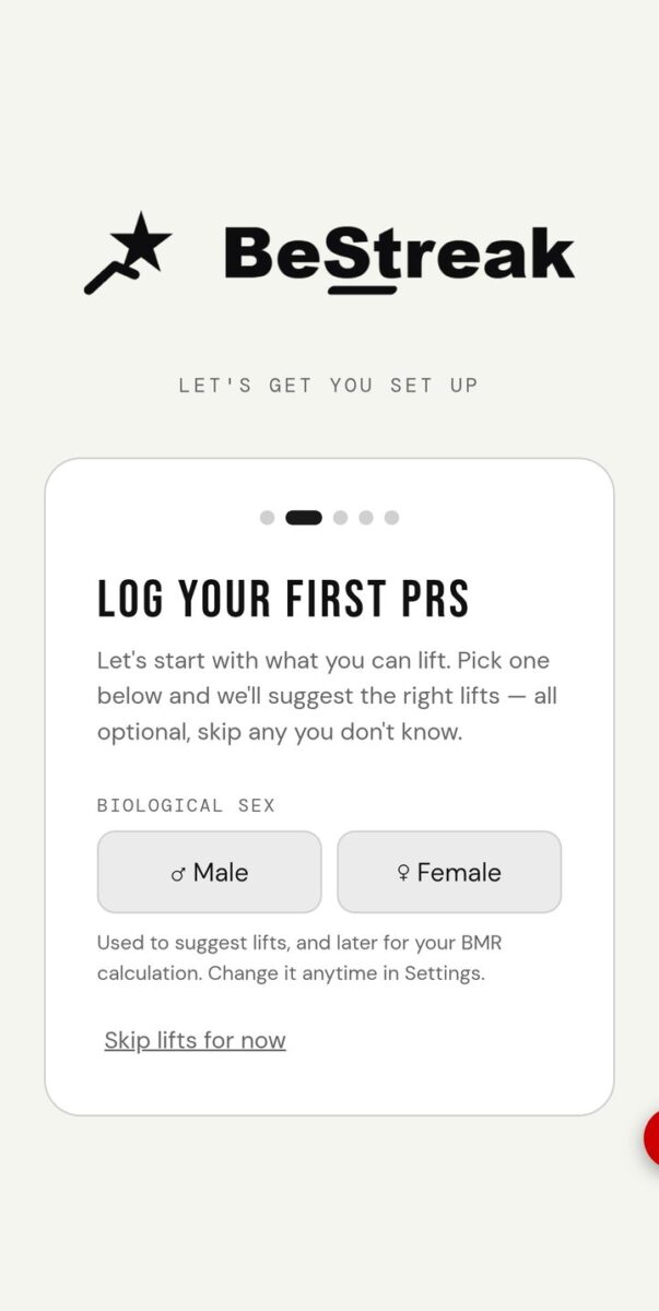 BeStreak screenshot: onboarding log your first prs