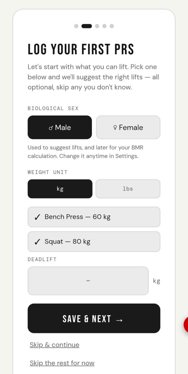 BeStreak screenshot: onboarding prs filled