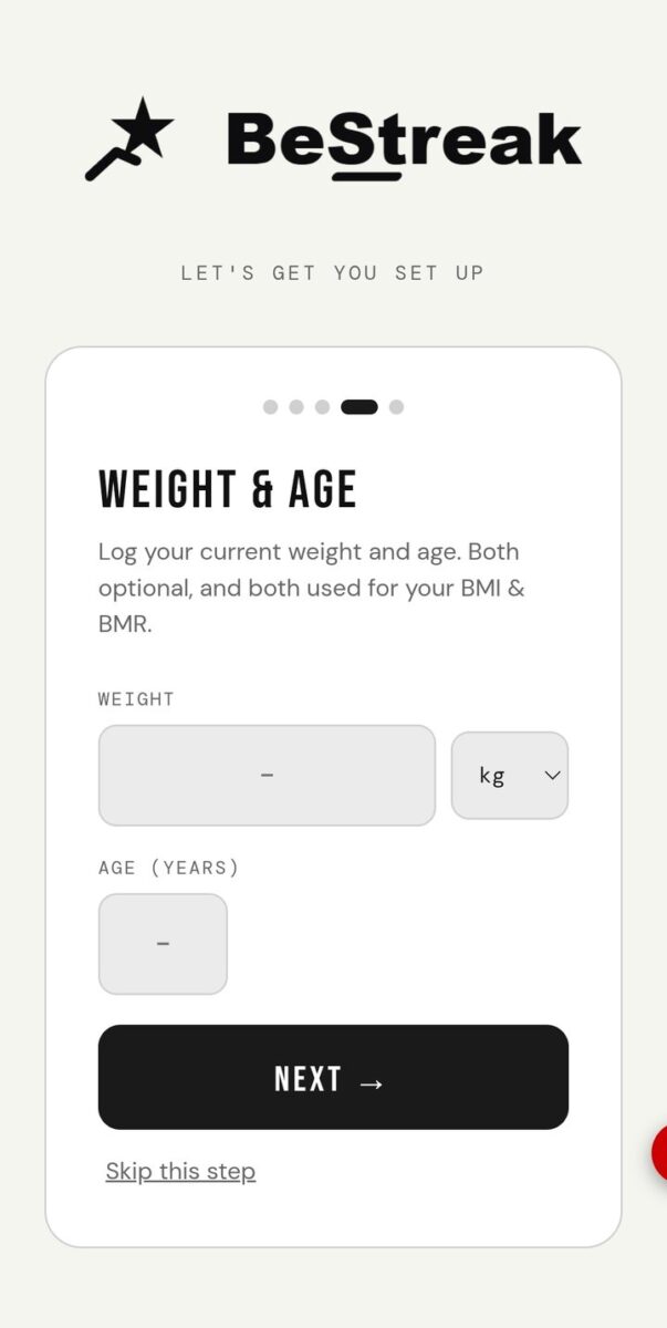 BeStreak screenshot: onboarding weight and age