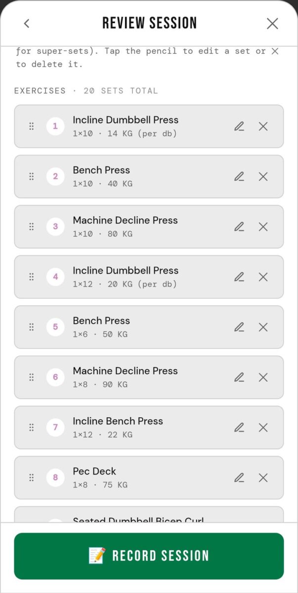 BeStreak screenshot: review session twenty sets