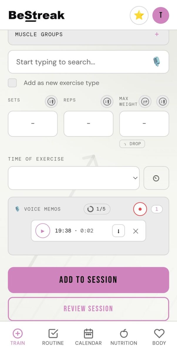 BeStreak screenshot: train tab floating buttons