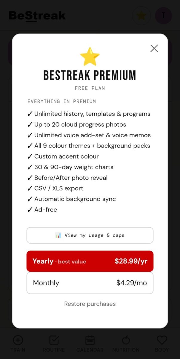 BeStreak screenshot: premium pricing