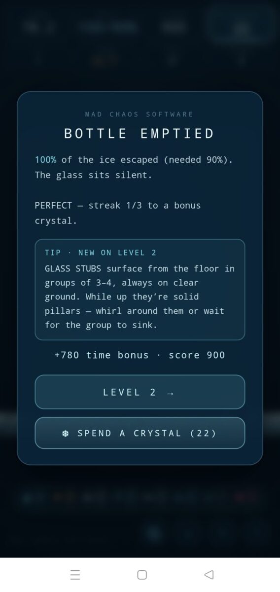 Polymatrix screenshot: bottle emptied modal