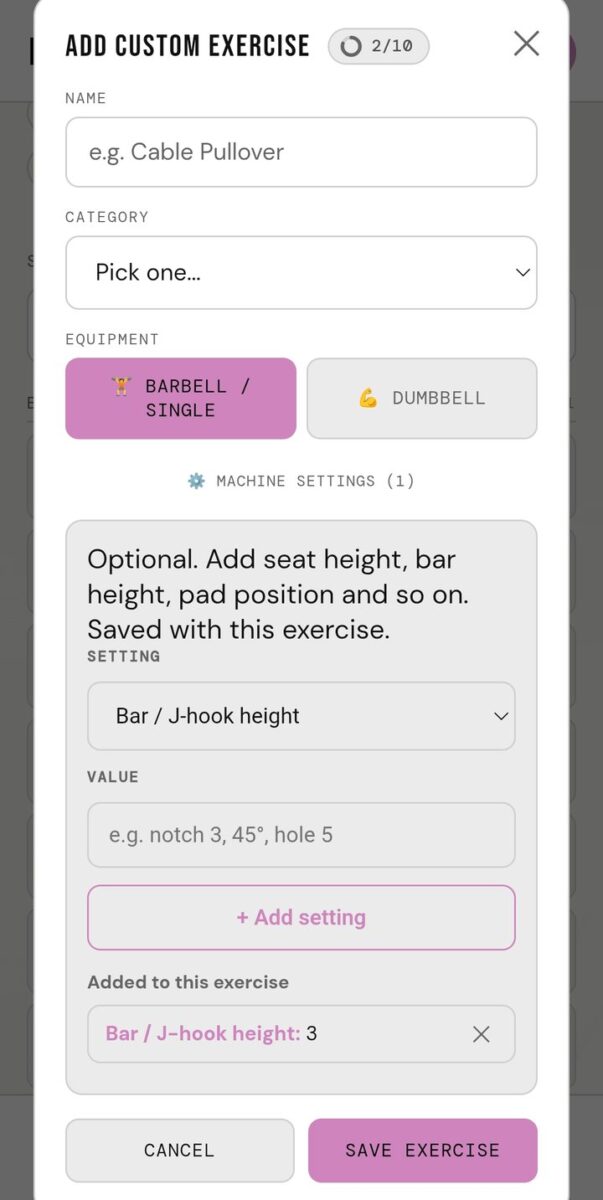BeStreak screenshot: custom exercise machine settings