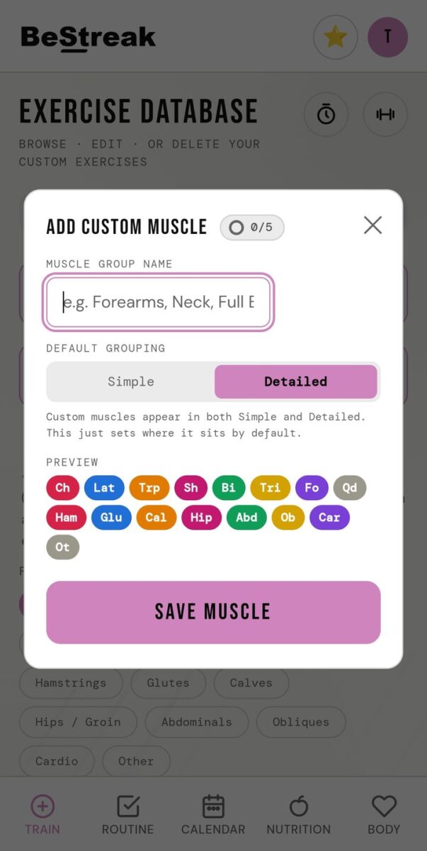 BeStreak screenshot: add custom muscle cap