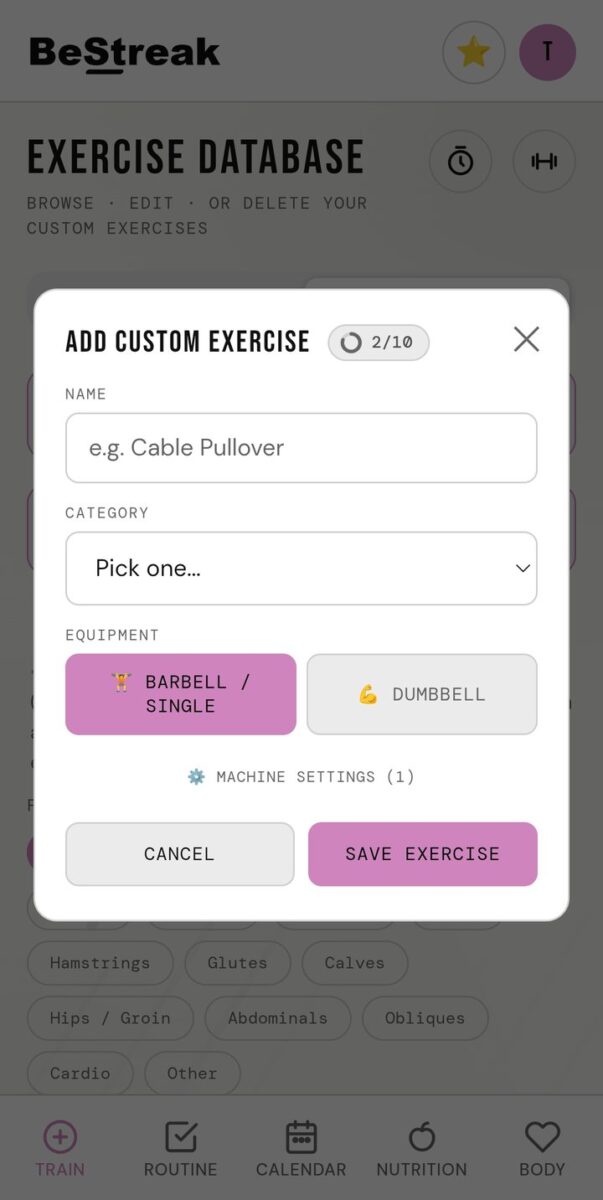 BeStreak screenshot: add custom exercise cap