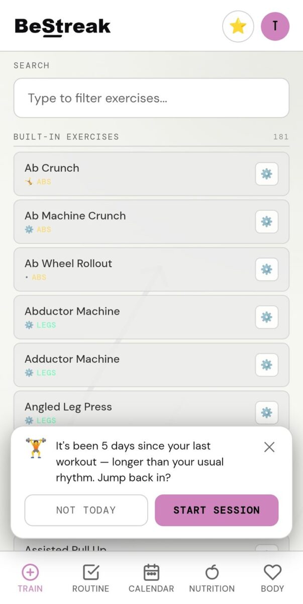 BeStreak screenshot: workout reminder