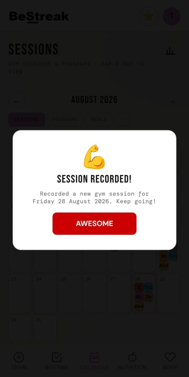 BeStreak screenshot: session recorded launch day