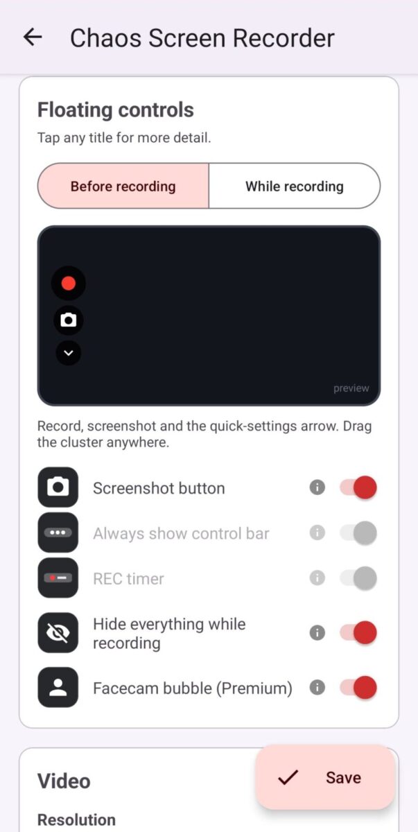 Chaos Screen Recorder screenshot: floating controls settings