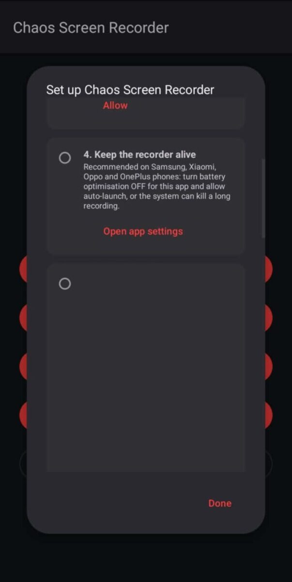 Chaos Screen Recorder screenshot: setup guide in dark mode