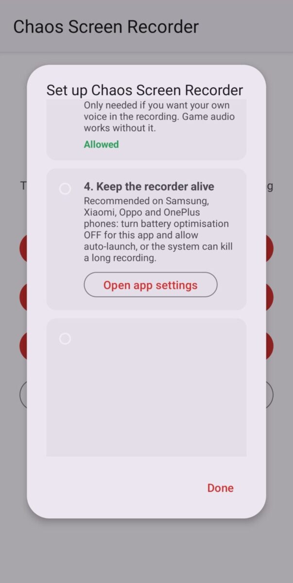 Chaos Screen Recorder screenshot: setup guide keep the recorder alive step