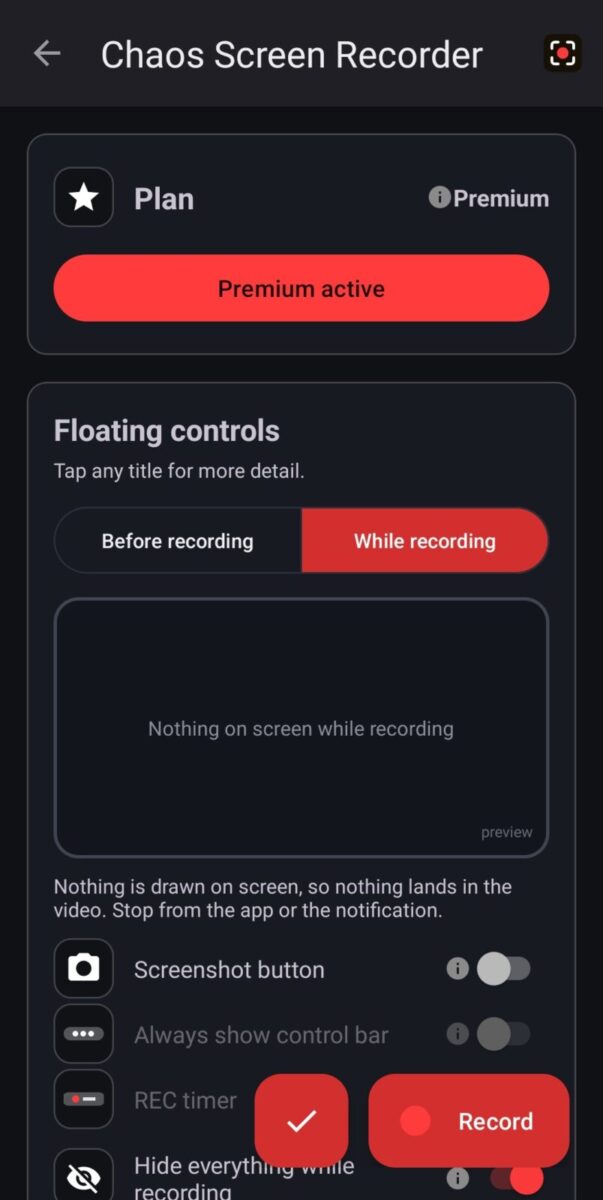 Chaos Screen Recorder screenshot: floating controls with premium active