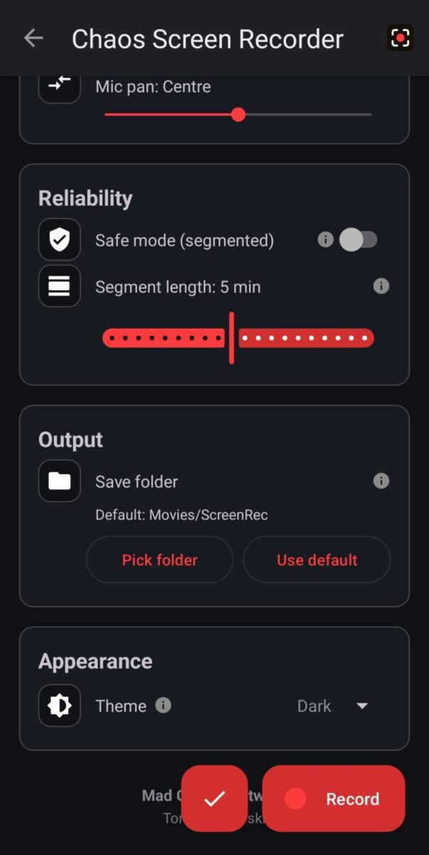 Chaos Screen Recorder screenshot: dark settings with safe mode and output