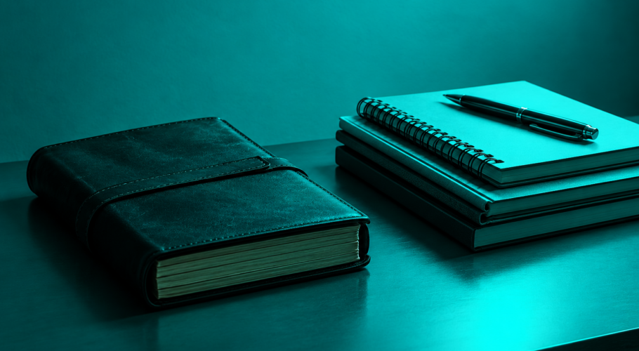 Closed diary and notebooks with a pen in teal light