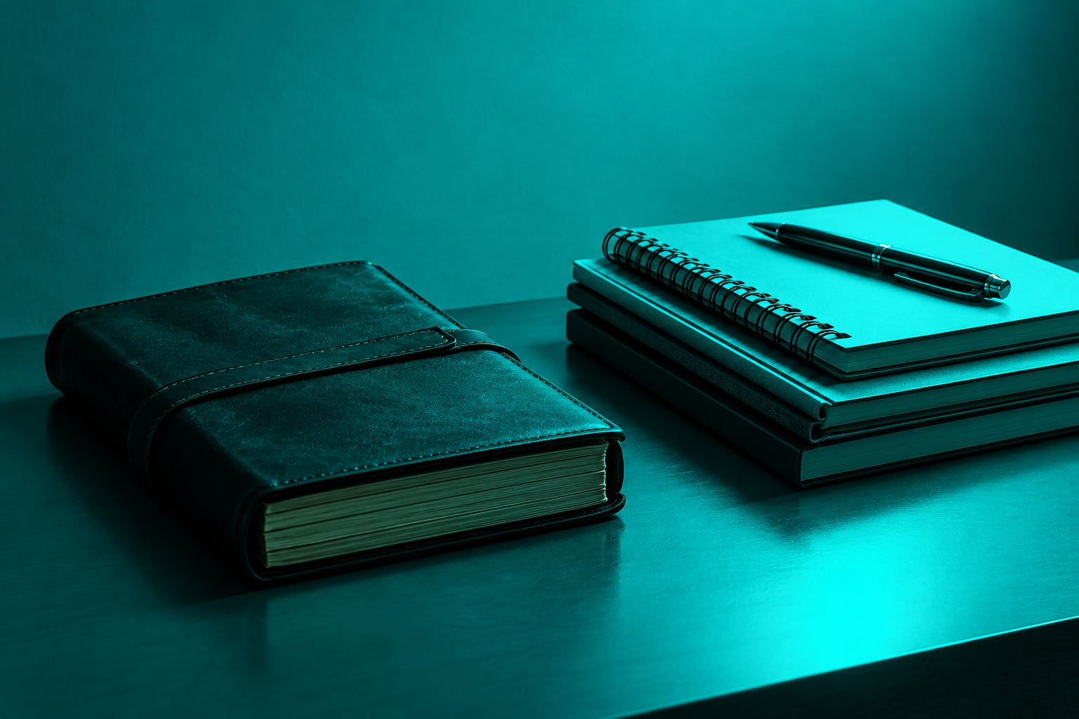 Closed diary and notebooks with a pen in teal light